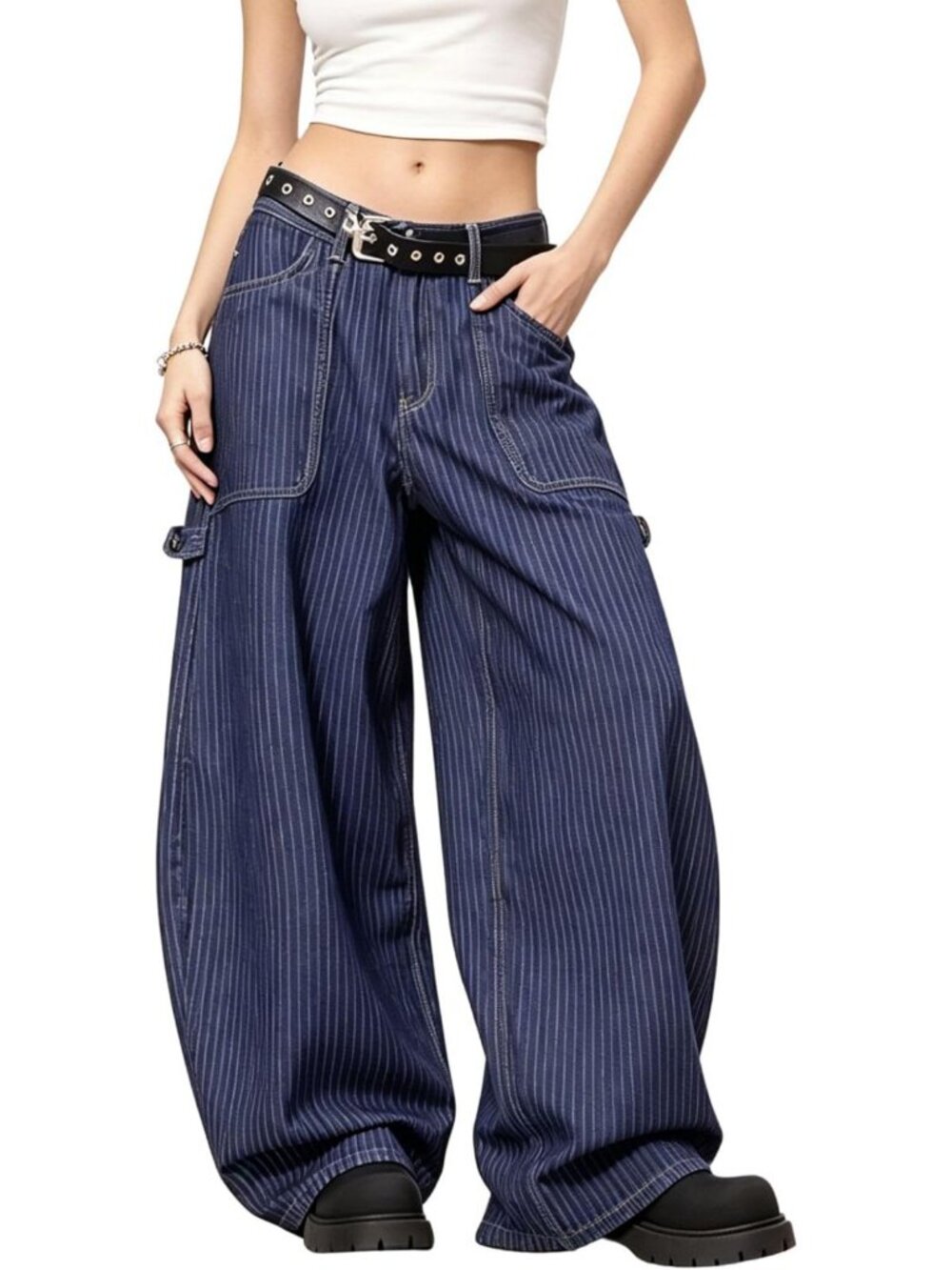 High-Waisted Baggy Barrel Jeans for Women | Striped Denim Pants, Trendy Fit